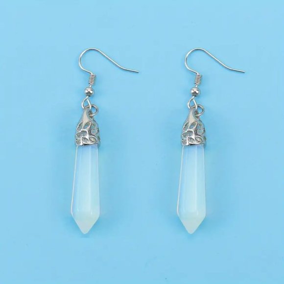 Opal Hexagon Point Glass Stone Dangle Earrings - Picture 3 of 3